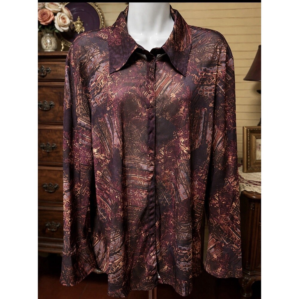 Faded Glory Size 1x Women’s Snap Front Blouse 44” Bust 27” Length Sheer